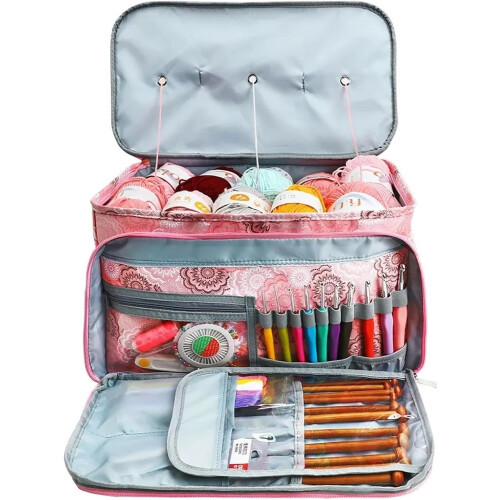 Sewing Box Multifunctional Knitting Bag Yarn Storage Pink 1