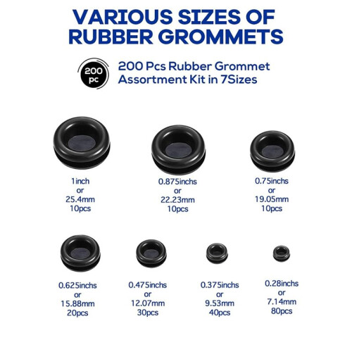 200Pcs 7Sizes Rubber Grommet Assortment Kit,Firewall Hole Plug Set Electrical Wire Gasket Solid Hole Plug Assortment Set 2