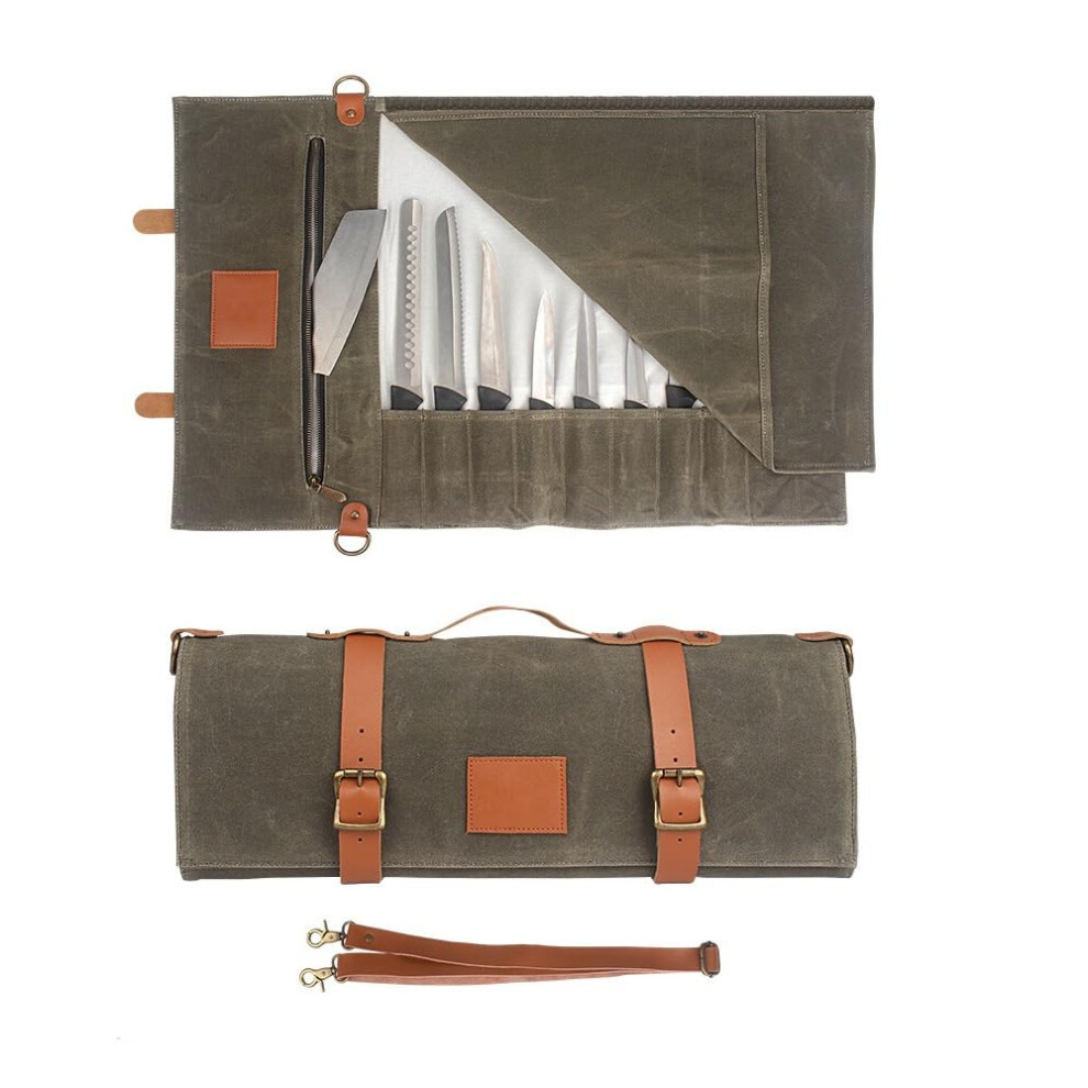 Knife Bag, Chef Roll With 10 Slots, Zip Pockets, Waxed Canvas, Adjustable Strap, Green 9426802005134