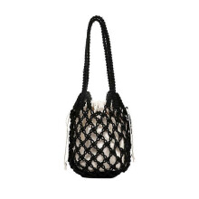 (black) Handbag Summer Hollow Woven Shoulder Bag Solid Color Lightweight Casual Wild Bucket Purse Handbag with Inner Drawstring Bag