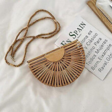 (Small) Handbag Fashion Half Moon Wooden Shoulder Crossbody Bags for Women Bamboo Woven Summer Beach Straw Bag Rattan Small Phone Purse Mini Sac