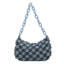 (Light Blue) Handbag Vintage Women Casual Shoulder Underarm Bag Plaid Pattern Printing Denim Small Purse Ladies Chain Leisure Handbags