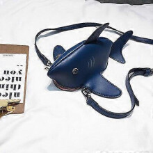 (Dark Blue) Handbag Cute Cartoon Shark Shape Ladies Shoulder Bag PU Leather Mobile Phone Messenger Chain
