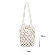 (WHITE) Handbag Summer Hollow Woven Shoulder Bag Solid Color Lightweight Casual Wild Bucket Purse Handbag with Inner Drawstring Bag