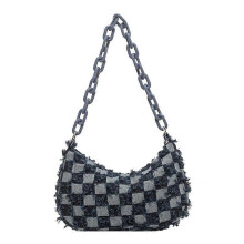 (Dark Blue) Handbag Vintage Women Casual Shoulder Underarm Bag Plaid Pattern Printing Denim Small Purse Ladies Chain Leisure Handbags
