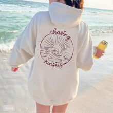 (XXL, apricot) Women's Fleece Hooded Sweatshirt Solid Color Slogan Print Long Sleeve Sweatshirt Top