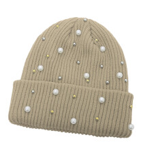 Chapeau tricoté élégant à motif de perles, chapeau pour-Beige