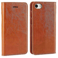 (Brown) For iPhone SE (2020)/SE (2022)/8/7 4.7 inch Oiled-edgingCrazy Horse Genuine Leather Attached Hard PC Inner Case Wallet Stand Flip Phone Cove