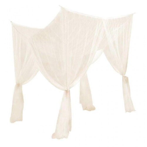 (Beige) 4 Post Bed Canopy Net Valance Drape Netting for Single Double Bed White for Bedroom Decoration 1