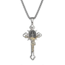 (Gold Silver) Stainless Steel Cross St St. Benedict Crucifix Bible Prayer Pendant Necklace Religious Jewelry With Chain Gift For Men