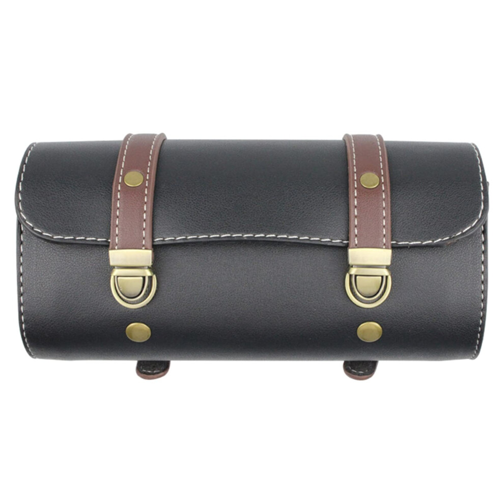 Saddle Storage Bag Leather Bike Handlebar Tool Bag Round Barrel Shape Waterproof Rolling Bag Side Luggage Black 9365049514477