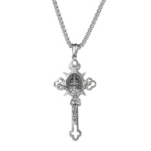 (Silver) Stainless Steel Cross St St. Benedict Crucifix Bible Prayer Pendant Necklace Religious Jewelry With Chain Gift For Men