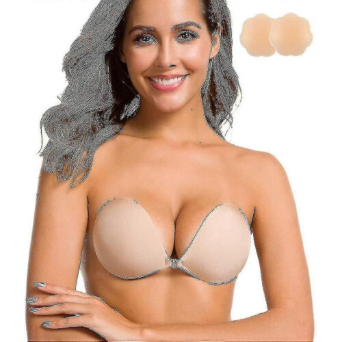 (D,BLACK)Adhesive Bra Strapless Sticky Invisible Push Up Silicone Bra