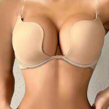 (34C(75C),Skin color)Juege* Low Plunge Push Up Bra With Clear Straps Low Cut Convertible Underwire Padded Cleavage Bra, Women's Underwear & Lingerie