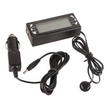 LCD Car Thermometer 12V w/ Alarm Snooze Function, Displays Inside & Outside Temp Fahrenheit Celsius Readings, Lighted Screen Dual Temperature Monitor