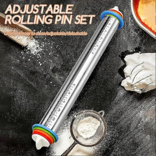 (Only Rolling Pin)17' Adjustable Rolling Pin & Pastry Baking Mat Set, Stainless Steel Dough Roller with Guide & Scale Kitchen Baking Tool 1