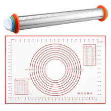 (With Red Mat) 17' Adjustable Rolling Pin & Pastry Baking Mat Set, Stainless Steel Dough Roller with Guide & Scale Kitchen Baking Tool