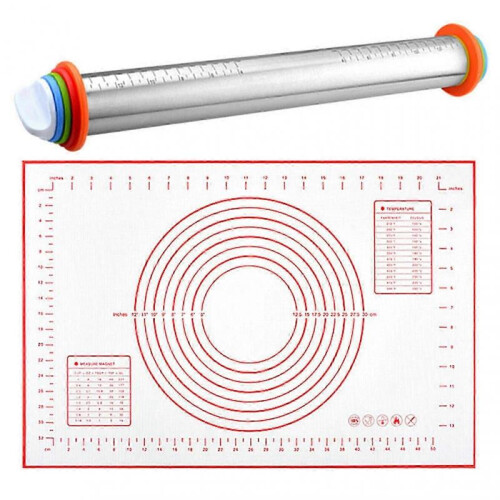 (With Red Mat)17' Adjustable Rolling Pin & Pastry Baking Mat Set, Stainless Steel Dough Roller with Guide & Scale Kitchen Baking Tool