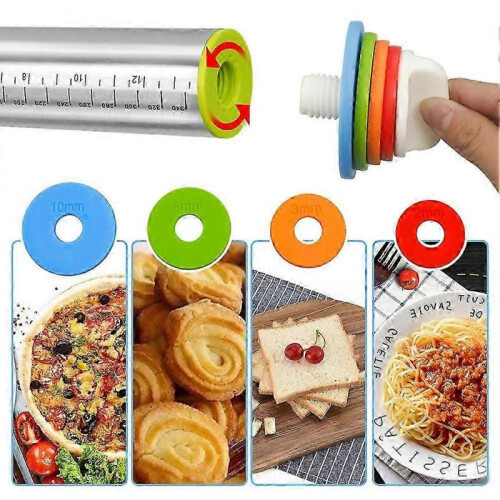 (With Red Mat)17' Adjustable Rolling Pin & Pastry Baking Mat Set, Stainless Steel Dough Roller with Guide & Scale Kitchen Baking Tool 2