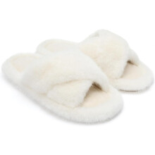 Bløde, plysagtige hjemmesko til kvinder, hjemmesko med åben tå og indersål med memory foam, behagelige krydsbånds-plyshjemmesko, vandtæt