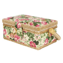 Fabric Craft Sewing Basket Organiser, Adjustable Handle, Floral Print, Rose Red Grid
