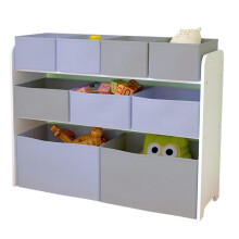 GINGER HOME – Organiseur jouets enfant 3 niveaux, 9 bacs tissu (2G,3M,4P), MDF/métal, blanc/gris, 82,529,360 cm