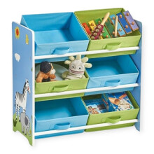 Organiseur à Jouets Enfant GINGER HOME SAVANNA, Étagère avec Bacs de Rangement, Bois MDF, 63x30x60 cm, Thème Safari Girafe et Zèbre