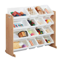 GINGER HOME – Organiseur jouets enfant avec 16 bacs (4 grands + 12 petits), structure MDF/métal, bois/blanc, 10726,5–3878 cm