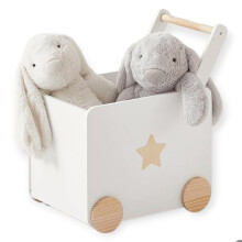 Caixa de Brinquedos Infantil GINGER HOME, com Rodas e Alça de Empurrar, Madeira MDF Branca e Bambu, 38x45x54 cm
