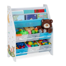 GINGER HOME – Organiseur enfant 3 porte-livres + 6 bacs, meuble de rangement jouets, bois &amp; tissu, motif Forêt, 62,326,574 cm