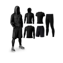 (Multicolor1, S) Men's Solid Tracksuit Set, Sporty Zipper Hooded Jacket & Top & Short Sleeve Tee & Letter Tape Waist Leggings &