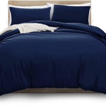 (Navy, Super King) Soft Microfiber Plain Dyed Reversible Duvet Set with Pillow cases - Hypoallergenic Ultrasoft Double Bedding Quilt Cove