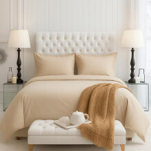 (Beige, Double) Luxury White Bedding Set UK - 4 Piece Microfibre Duvet Cover, Fitted Sheet & Pillowcases | Hotel Quality Super Soft