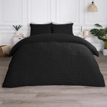 (Black, King) OHS Quilted Seersucker Duvet Set Geo Filled Plush Plump Warm Soft Cosy Duvet Cover With Pillowcase Bedding Set Single