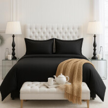 (Black, Double) Luxury White Bedding Set UK - 4 Piece Microfibre Duvet Cover, Fitted Sheet & Pillowcases | Hotel Quality Super Soft