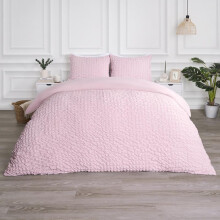 (Blush Pink, Double) OHS Quilted Seersucker Duvet Set Geo Filled Plush Plump Warm Soft Cosy Duvet Cover With Pillowcase Bedding Set Single