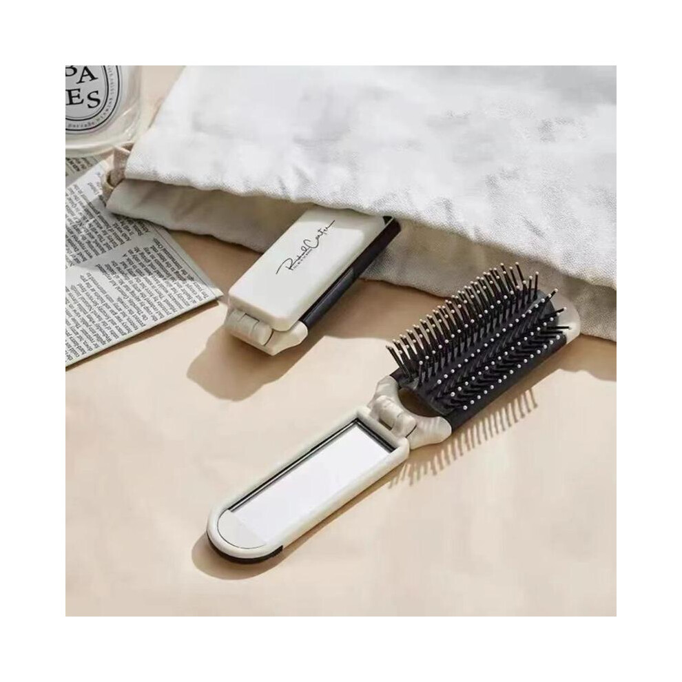 (Cream, 1 Count) Portable Folding Hair Comb with Makeup Mirror, Hair Styling Comb, Hairdressing Comb, Scalp Massage Comb, Curly Hair