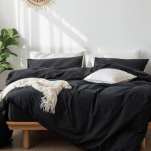 (Black, US-Full - 3 Counts) Solid Color Machine Washable Duvet Cover & Pillowcase Set without Filler, 2/3 Counts Including Modern Simple Style 1