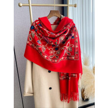 (Lime Red, one-size) Boho Style Plants Embroidery Double Sided Scarf, Casual Soft Warm Fringe Trim Shawl for Women & Men, Fashion