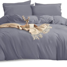 (Grey, Super King) Soft Microfiber Plain Dyed Reversible Duvet Set with Pillow cases - Hypoallergenic Ultrasoft Double Bedding Quilt Cove