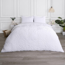 (White, King) OHS Quilted Seersucker Duvet Set Geo Filled Plush Plump Warm Soft Cosy Duvet Cover With Pillowcase Bedding Set Single
