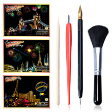 16 PCS Scratch Art Paper Set, Rainbow Painting Sketch City, Night Art, with 4 Tool Set for Adult and Kids ( Multicolour )