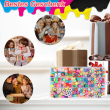 Kit de artesanato com contas de argila polimérica em formatos variados, incluindo frutas, doces, animais, letras, arco-íris, amor, estrela e olho