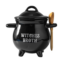 Halloween Cauldron Witch Cauldron Ceramic Halloween Stew with Spoon, Soup Bowl Black for Family Reunions, Halloween Celebrations, L