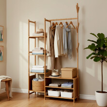Moso Bamboo Coat Rack w/ Hanging Rod & Shelves, 80cm W, Light Brown