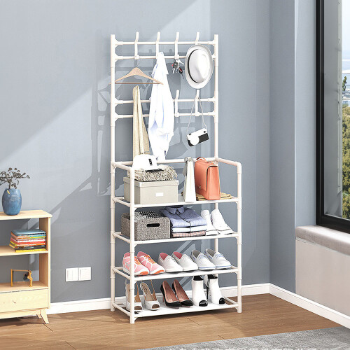 Living And Home Entryway 4 Tier Shoe Rack with Coat Hanger, White