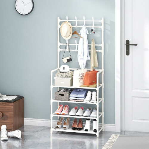 Living And Home Entryway 4 Tier Shoe Rack with Coat Hanger, White 1