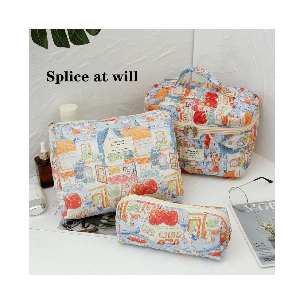 (Set1, 3 Counts/set) Floral Pattern Quilted Makeup Bag Set, 3 Counts Travel Cosmetic Bags, Portable Zipper Makeup Organizer Pouches, for