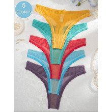 (Multicolor3, M) Women's 5pcs Bow Front Frill Trim Sheer Thong, Soft Comfy Breathable Pastel Panty for Daily Wear, Pastel Ladies