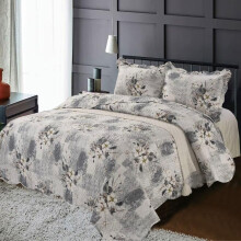 (Grey Floral) 3 Piece Printed Floral Patchwork Bedspread Set-Quilted Comforter With Pillow Shams- Ultra-Soft Polycotton Modern Bedd